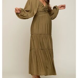 Olive ruched maternity maxi dress
